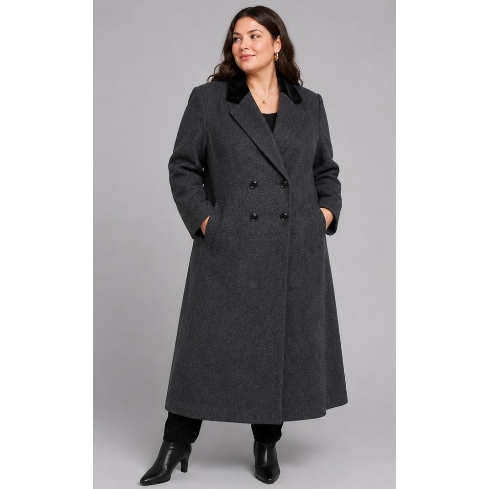 Vintage Beau Brem 100% Pure Wool Overcoat Grey‎ Double Breasted Velvet Collar 14